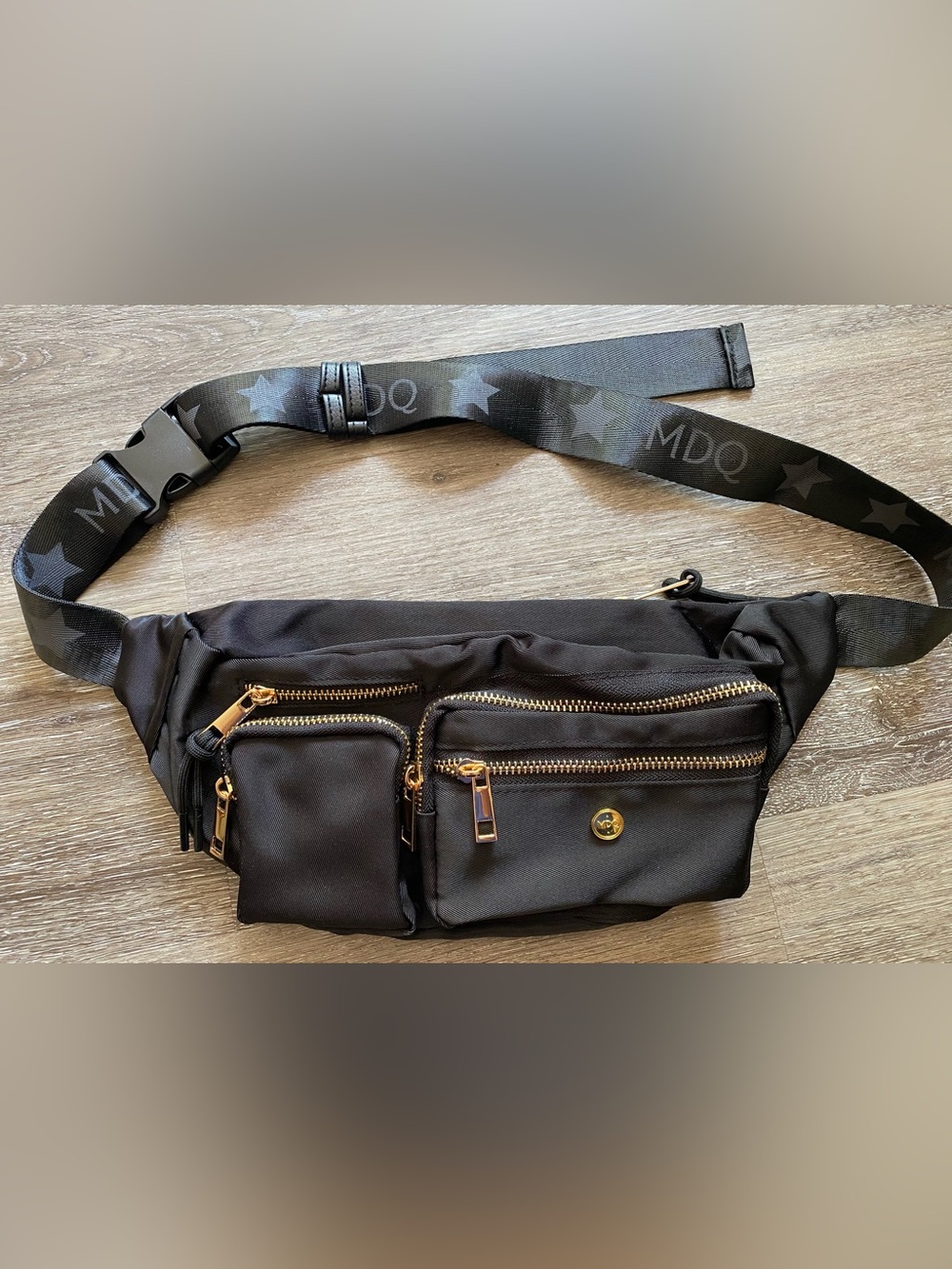 Black Nylon Belt Bag/Fanny Pack with Gold Hardware, NIP!